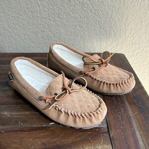 Old Friend Footwear Molly Slippers Womens 11M Tan Suede Fleece Moccasins